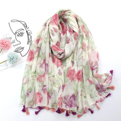 Floral Fringe Trim Scarf Shawl Wrap Head Wrap Casual Decoration Gift