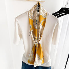 Satin Ribbon Long Small Silk Scarf with Lake Golden Deer Print Neck Scarf