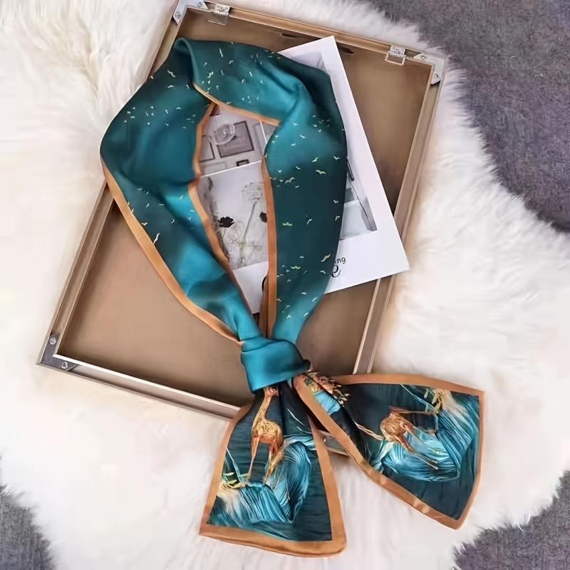 Satin Ribbon Long Small Silk Scarf with Lake Golden Deer Print Neck Scarf