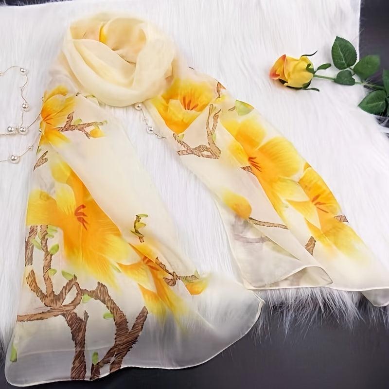 Chiffon Scarf Ink Flower Print Shawl Head Wrap Bandana Beach Towel