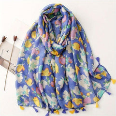 Flower Print Voile Scarf Tassel Shawl Boho Windproof Head Wrap Sunscreen