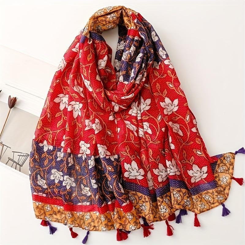 Flower Print Voile Scarf Tassel Shawl Boho Windproof Head Wrap Sunscreen