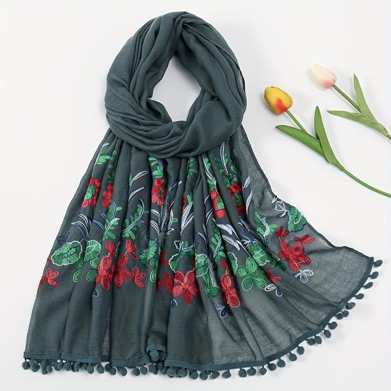 Leaf Flower Embroidery Scarf Tassel Hijab Boho Shawl with Chinese Style