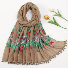 Leaf Flower Embroidery Scarf Tassel Hijab Boho Shawl with Chinese Style