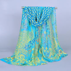 Peacock Print Chiffon Silk Shawl Women Scarf