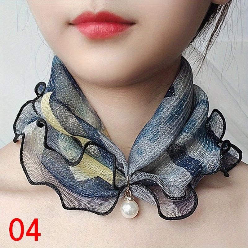 Lace Ruffles Scarf Faux Pearl Pendant Neck Gaiter