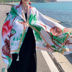 Green Tassel Scarf Classic Lotus Print Shawl Sunscreen Head Wrap