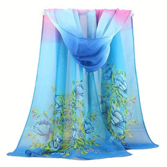 Flower Print Chiffon Scarf Iridescent Gradient Silk Thin Shawl