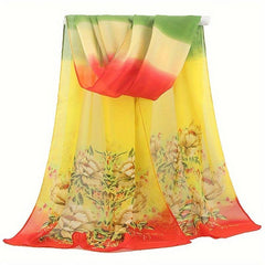 Flower Print Chiffon Scarf Iridescent Gradient Silk Thin Shawl