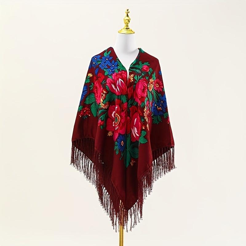 Boho Tassel Shawl Classic Flower Print Square Scarf Vintage Wraps for Women