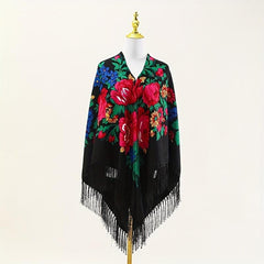 Boho Tassel Shawl Classic Flower Print Square Scarf Vintage Wraps for Women