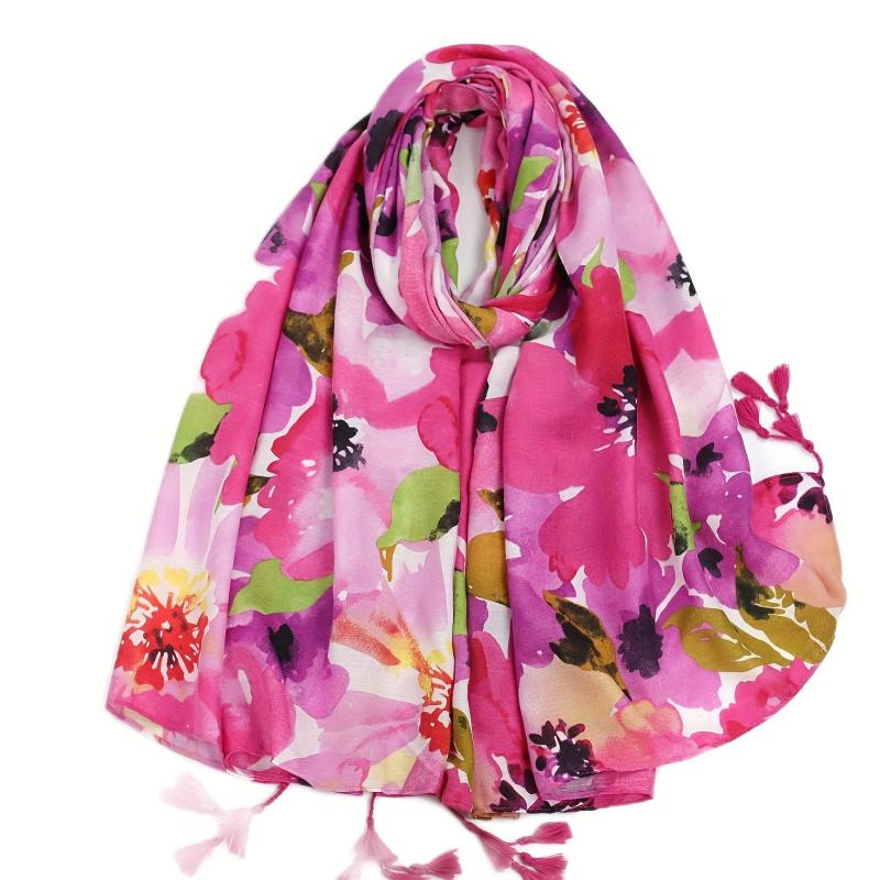 Red Flower Print Tassel Scarf Boho Shawl Casual Windproof Head Wrap