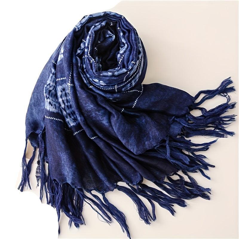 Geometric Print Scarf Vintage Tie Dyed Tassel Shawl Boho Windproof Head Wrap