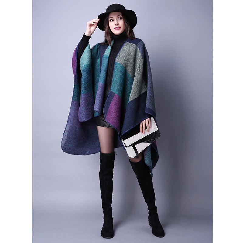 Vintage Block Shawl Cashmere Warm Wrap Large Blanket Scarf Poncho Capes Cloak