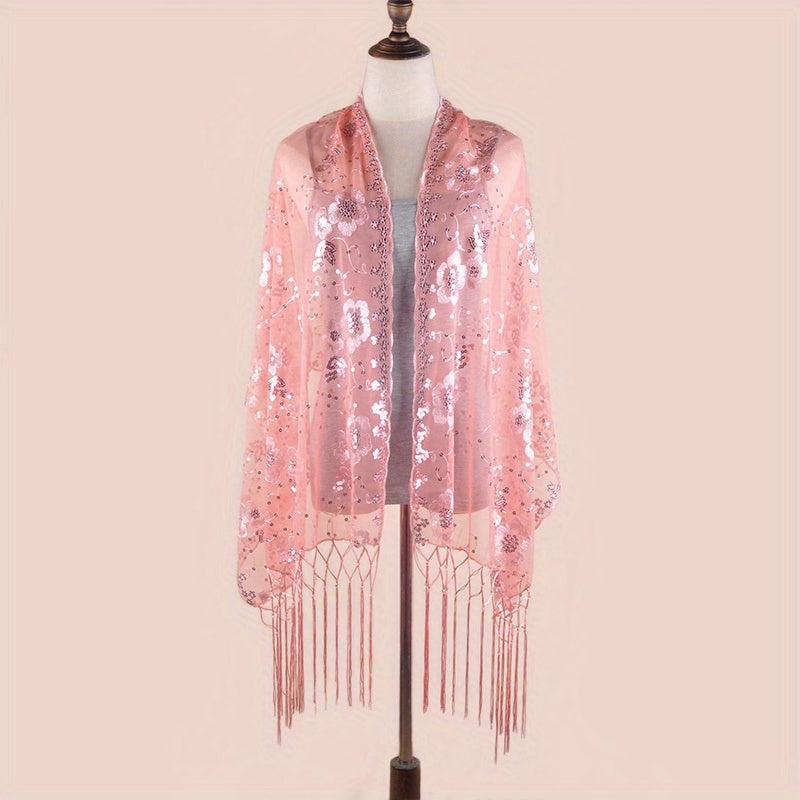 Sequin Flower Embroidery Shawl Tassel Cape Women Glitter Scarf