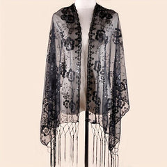 Sequin Flower Embroidery Shawl Tassel Cape Women Glitter Scarf