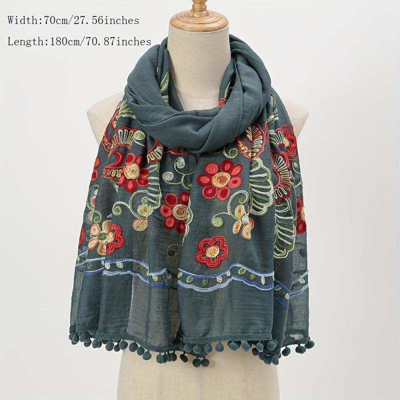 Vintage Flower Embroidery Scarf Tassel Shawl - Boho Hijab