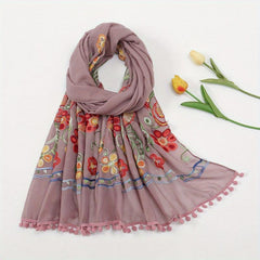 Vintage Flower Embroidery Scarf Tassel Shawl - Boho Hijab