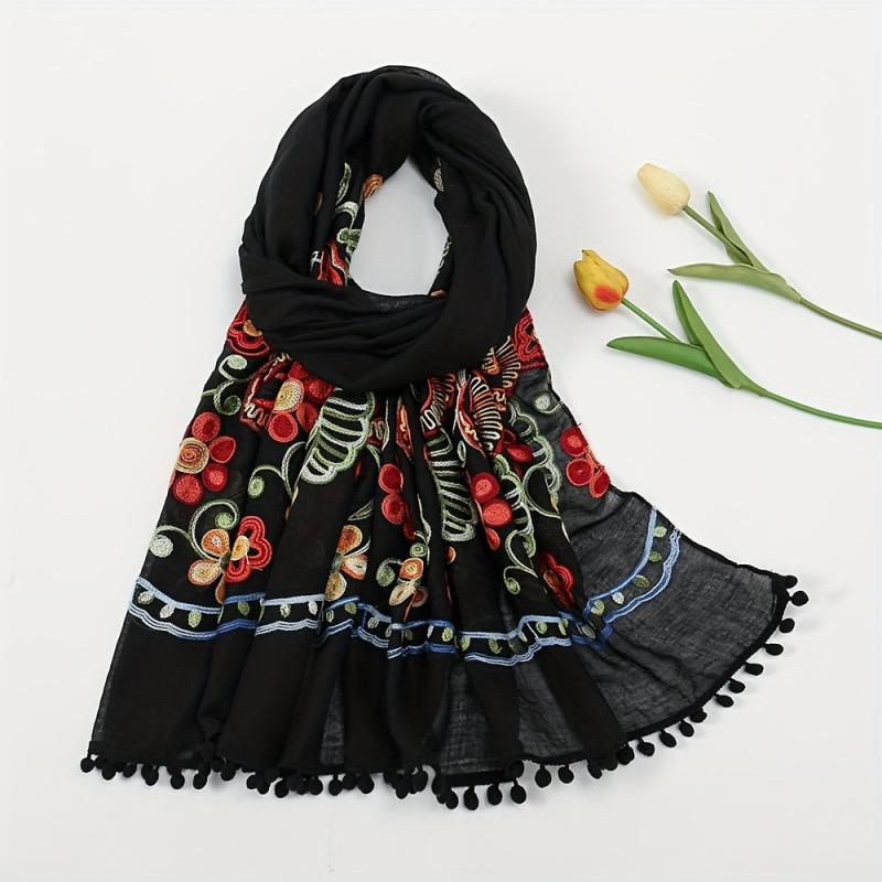 Vintage Flower Embroidery Scarf Tassel Shawl - Boho Hijab