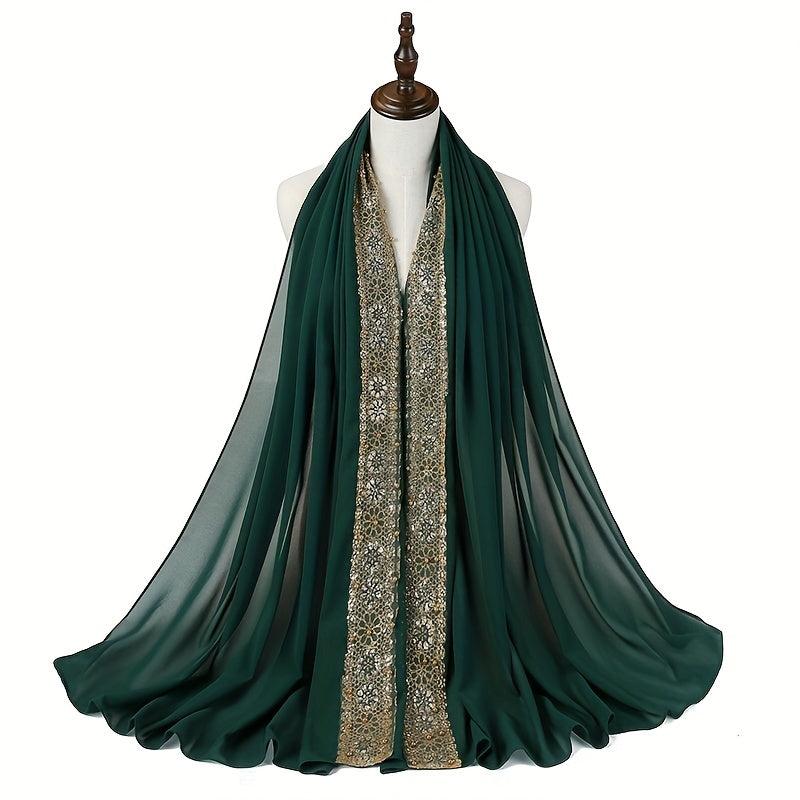 Beaded Lace Chiffon Scarf Hijab Solid Shawl Classic Head Wrap