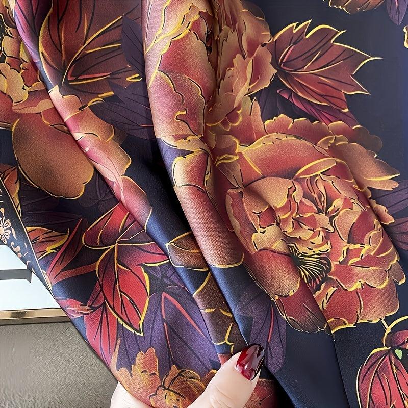 Vintage Brown Flower Print Scarf Satin Shawl Silk Head Wrap Causal Sunscreen