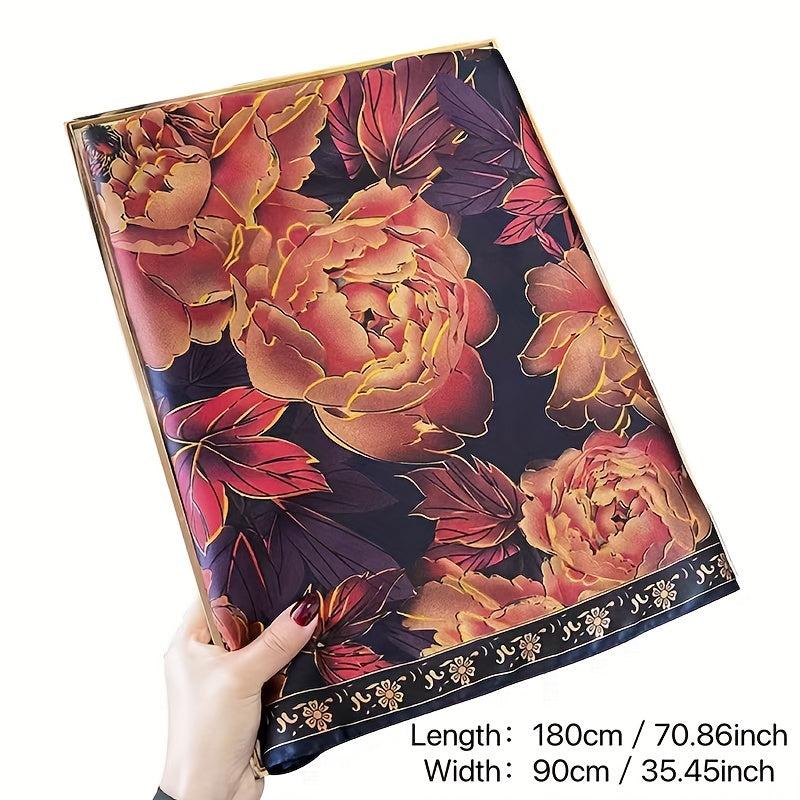 Vintage Brown Flower Print Scarf Satin Shawl Silk Head Wrap Causal Sunscreen