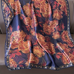 Vintage Brown Flower Print Scarf Satin Shawl Silk Head Wrap Causal Sunscreen