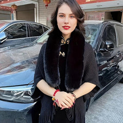 Knitted Shawl Rabbit Fur Collar Tassel Cape Cardigan for Women