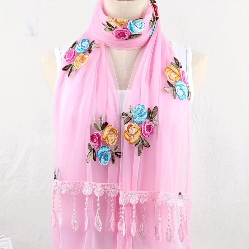 Double Layer Lace Tassel Rose Embroidery Scarf Thin Gauze Shawl for Women