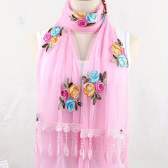 Double Layer Lace Tassel Rose Embroidery Scarf Thin Gauze Shawl for Women