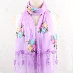 Double Layer Lace Tassel Rose Embroidery Scarf Thin Gauze Shawl for Women