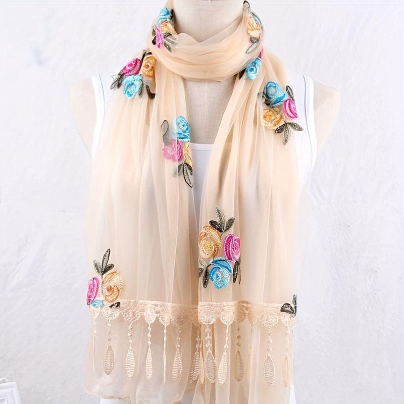 Double Layer Lace Tassel Rose Embroidery Scarf Thin Gauze Shawl for Women