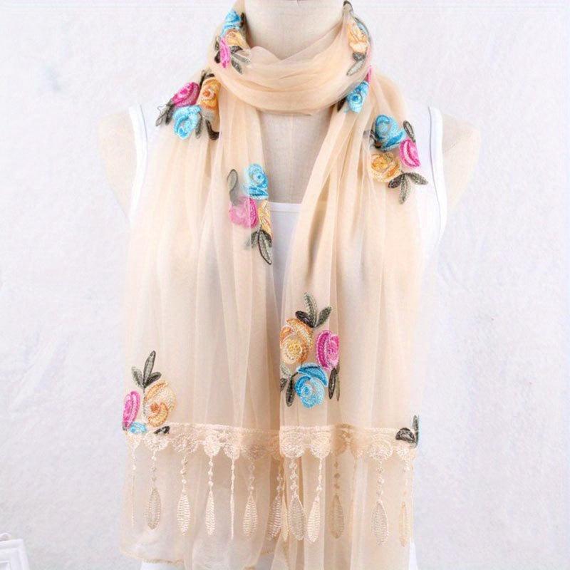 Double Layer Lace Tassel Rose Embroidery Scarf Thin Gauze Shawl for Women