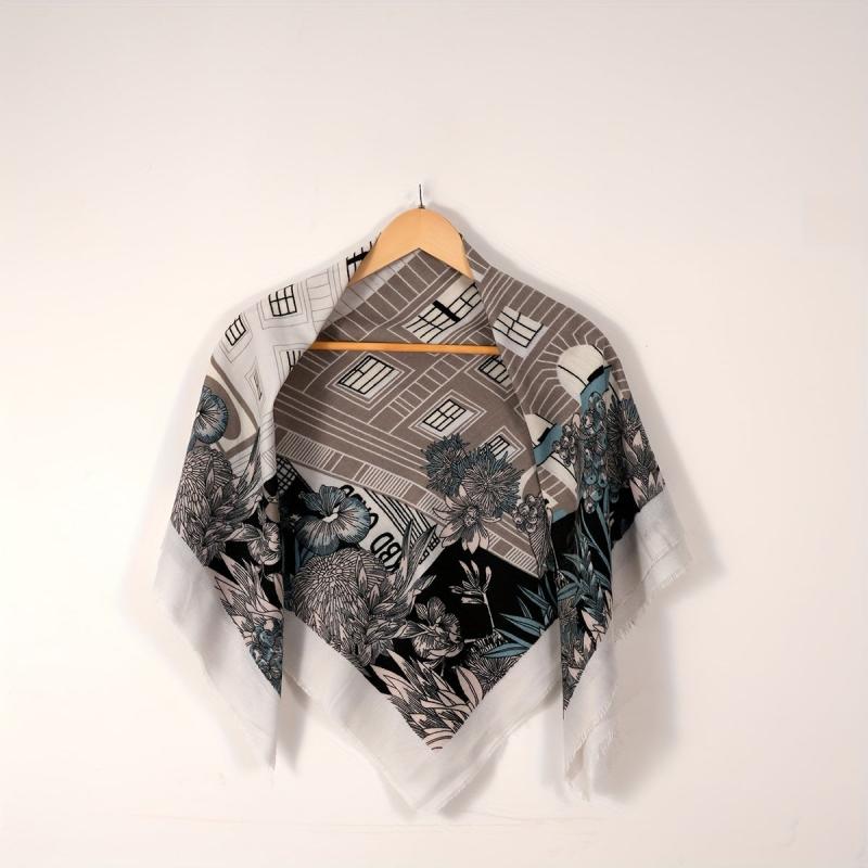 Vintage Floral Print Square Scarf Tassel Shawl Casual Windproof Head Wrap