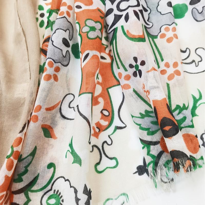 Orange Floral Print Scarf Raw Edge Shawl Wrap Women Accessories