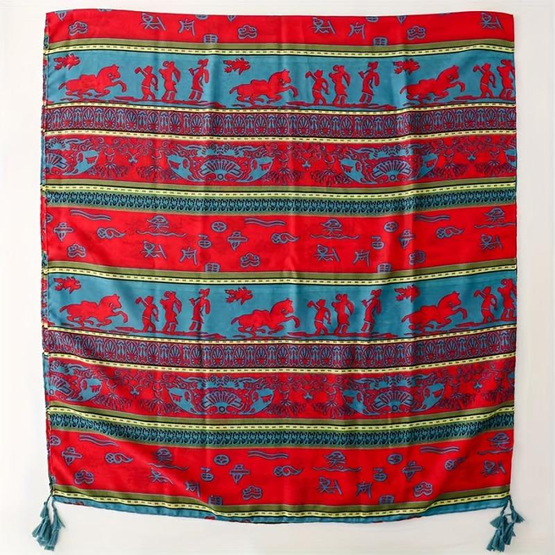 Horses Printed Scarf Retro Striped Fringed Shawl Long Sunscreen Bandana