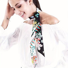 Floral Long Ribbon Scarf Silk Necktie Print Hairband
