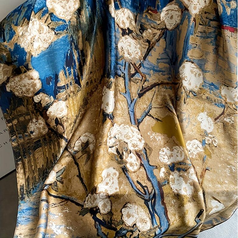 Vintage Flower Print Silk Scarf Shawl Sunscreen Travel Beach Towel Hijab