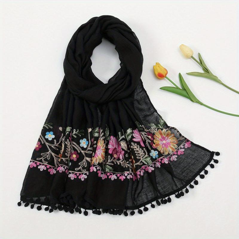 Flower Embroidery Vintage Scarf Boho Tassel Shawl Solid