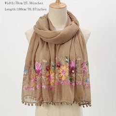 Flower Embroidery Vintage Scarf Boho Tassel Shawl Solid