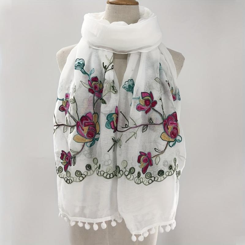Flower Embroidery Vintage Scarf Boho Tassel Shawl Solid