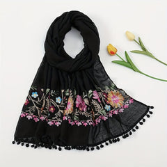 Flower Embroidery Vintage Scarf Boho Tassel Shawl Solid