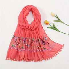 Flower Embroidery Vintage Scarf Boho Tassel Shawl Solid