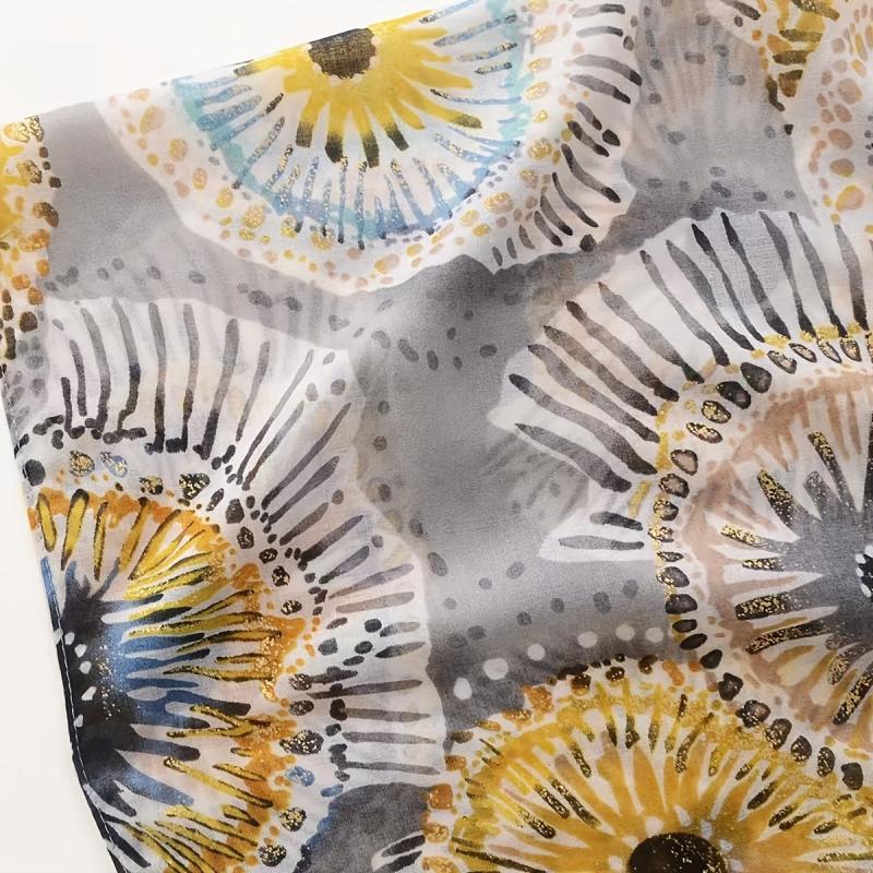 Yellow Flower Print Shinny Scarf Frayed Edges Shawl