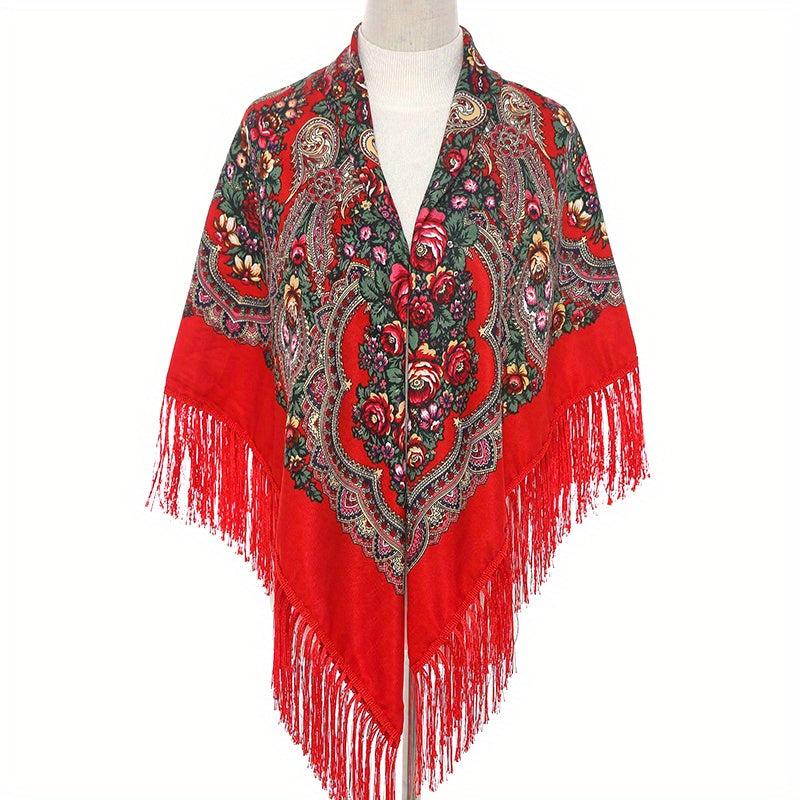 Bohemian Flower Print Square Scarf Vintage Warm Cape Women's Cardigan Wrap