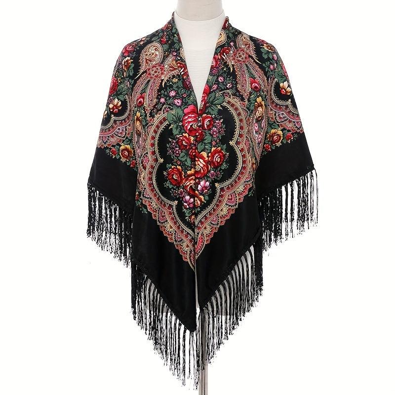 Bohemian Flower Print Square Scarf Vintage Warm Cape Women's Cardigan Wrap