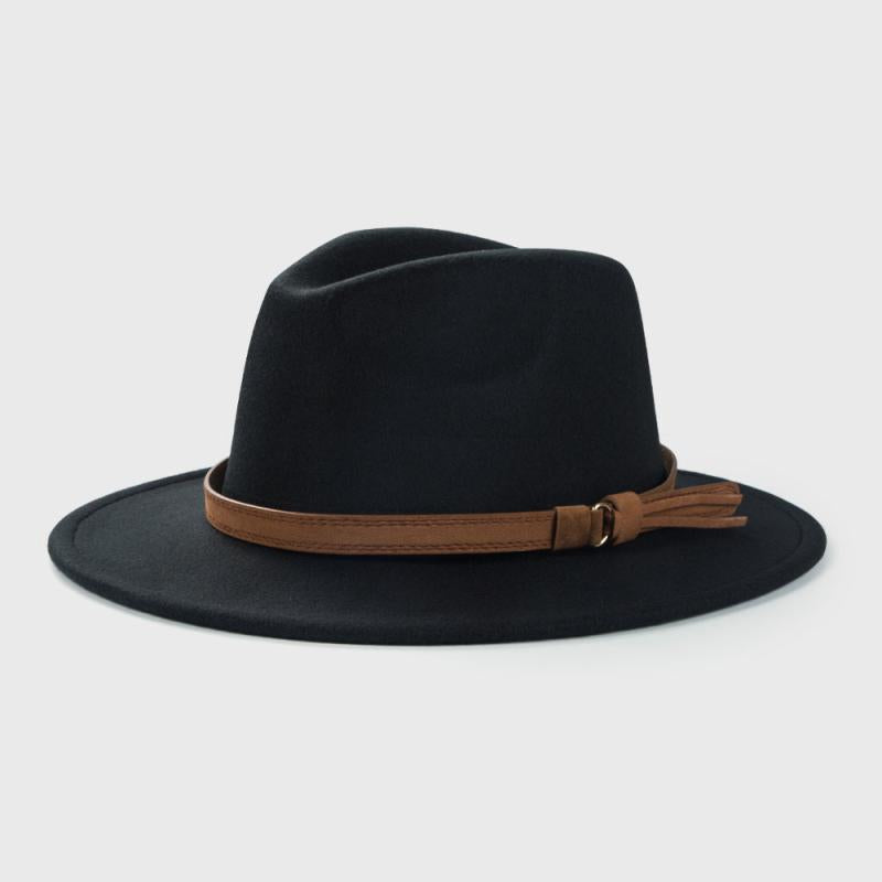Retro Tweed Bowler Hat With Belt Accessories Minimalistic Large Brim Jazz Hat