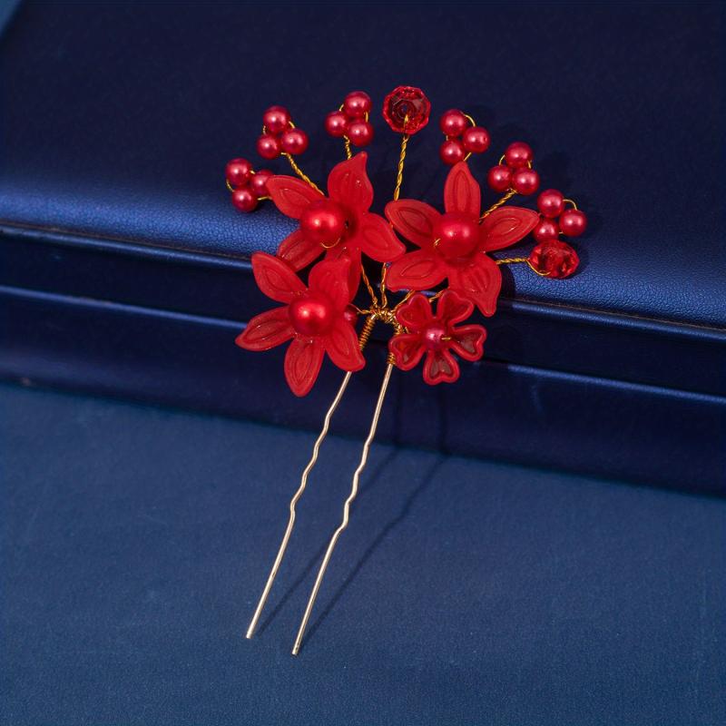 Faux Pearl Flower Red Hairpin Hair Comb Princess Tiara Wedding
