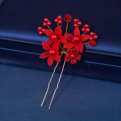 Faux Pearl Flower Red Hairpin Hair Comb Princess Tiara Wedding