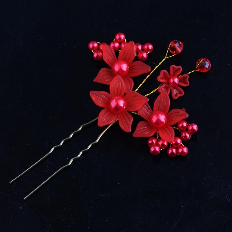 Faux Pearl Flower Red Hairpin Hair Comb Princess Tiara Wedding